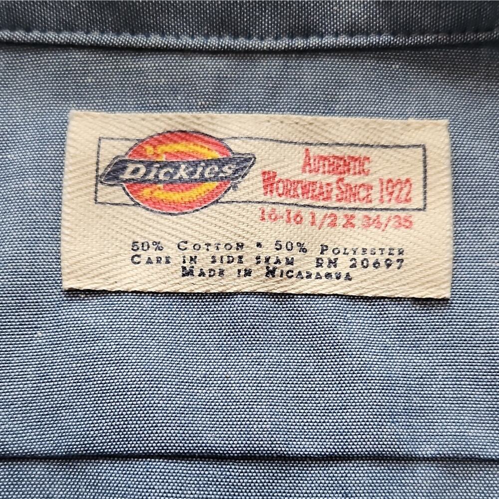 Dickies Women’s Blue Chambray Work Shirt Floral Applique 16 1/2 34/35 - Picture 3 of 7